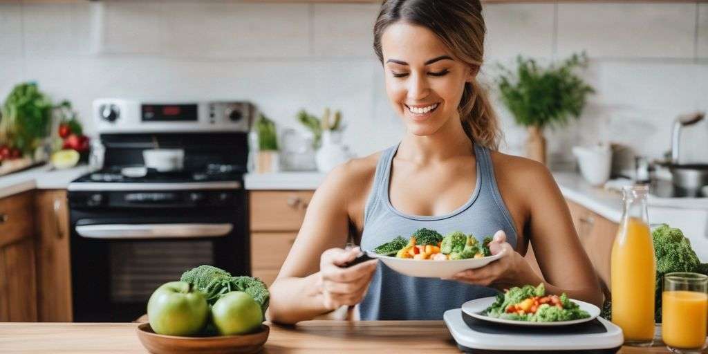 person looking at a scale with a healthy meal in the background