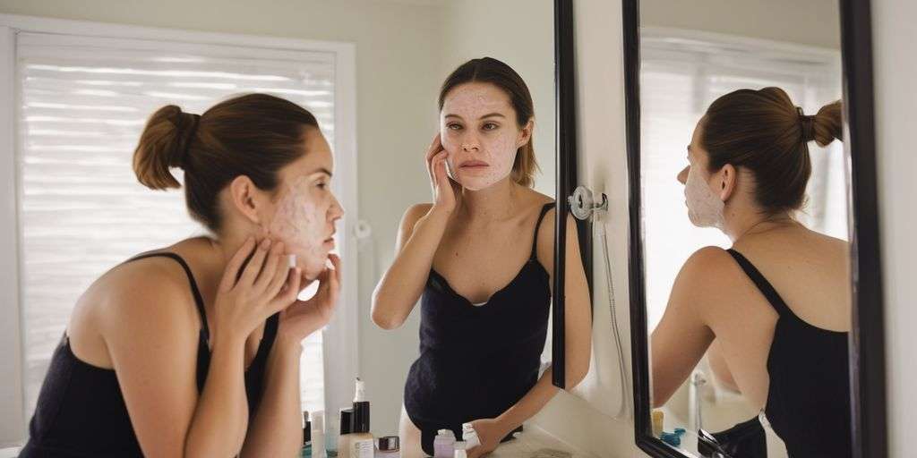 person examining acne scars in mirror