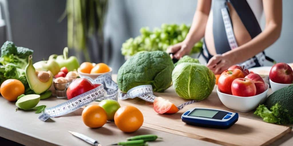 person measuring waistline with tape, healthy food and insulin pen on table