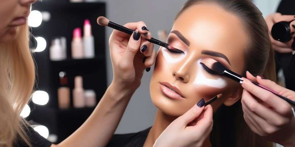 professional makeup artist applying contour on model's face in beauty salon