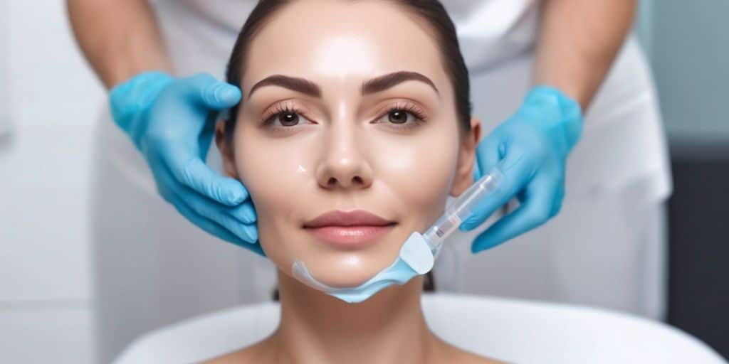 PRP facial treatment in a modern clinic setting with a professional dermatologist applying treatment to a patient's face