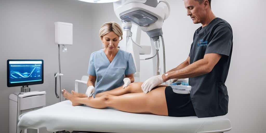 person undergoing EmSculpt treatment in a modern clinic