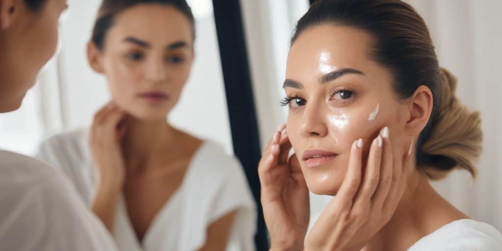 woman examining face in mirror skincare