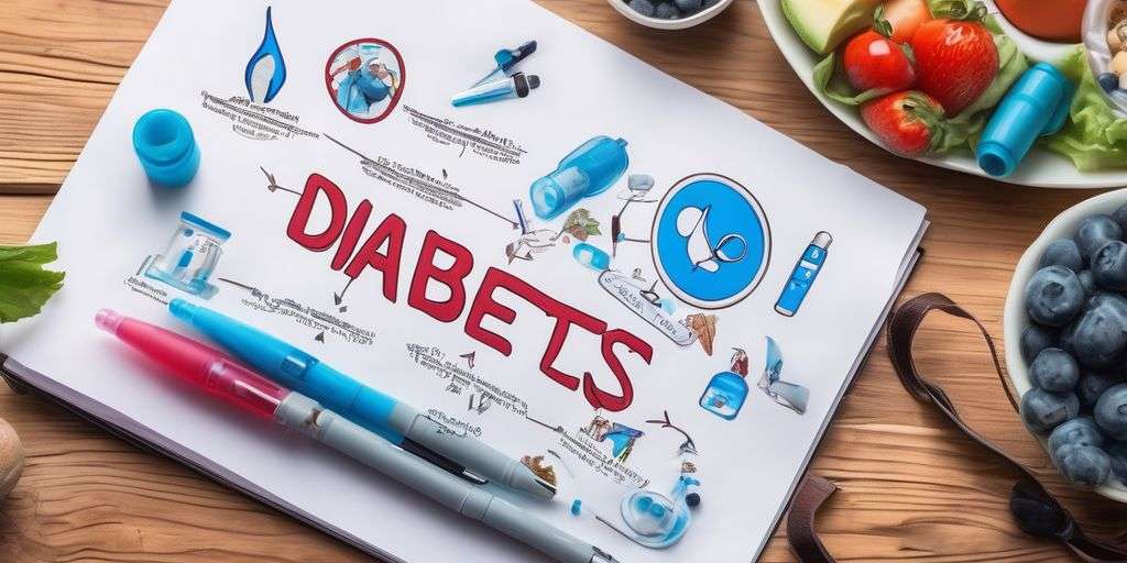 diabetes management concept with insulin pen and healthy lifestyle symbols