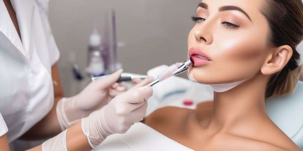 woman receiving lip fillers treatment in beauty salon