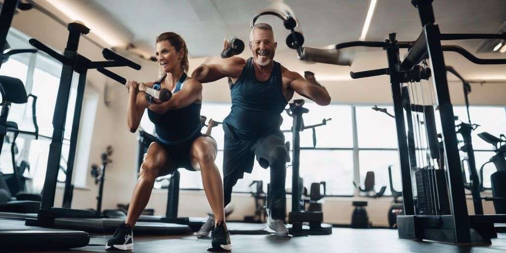 person exercising in gym with trainer