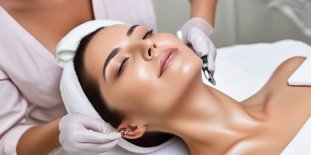 woman receiving IPL photo facial treatment in a spa