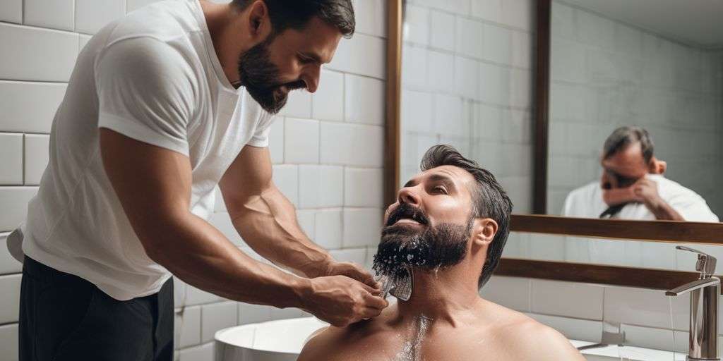 man removing neck hair in a modern bathroom