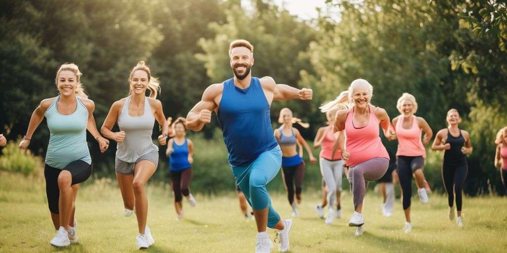 happy people exercising outdoors