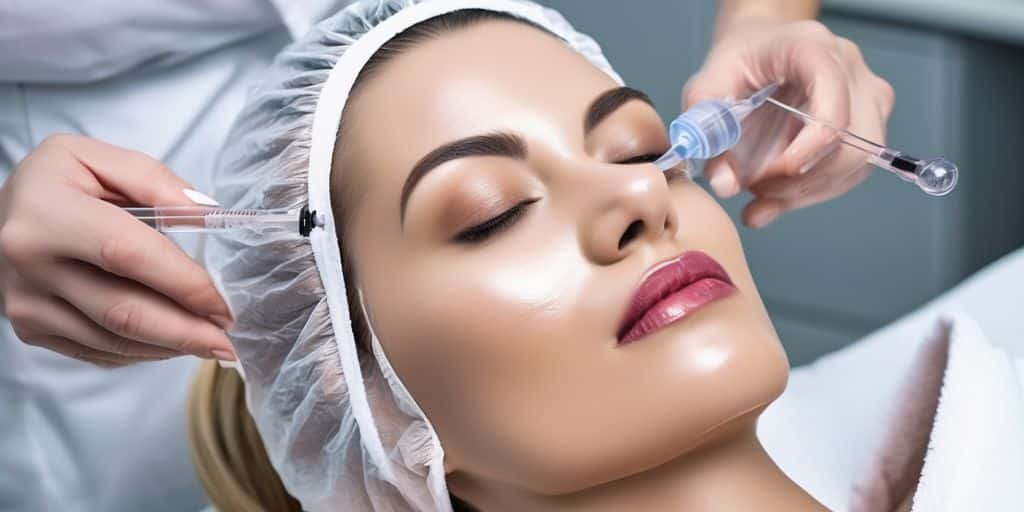 woman receiving vampire facial treatment in a modern clinic