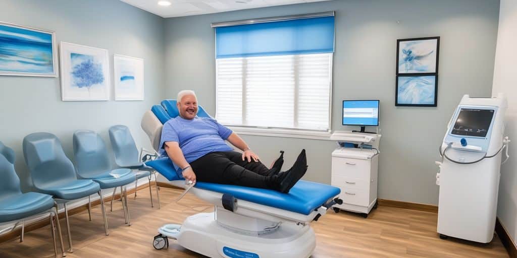 CoolSculpting treatment clinic with happy patient