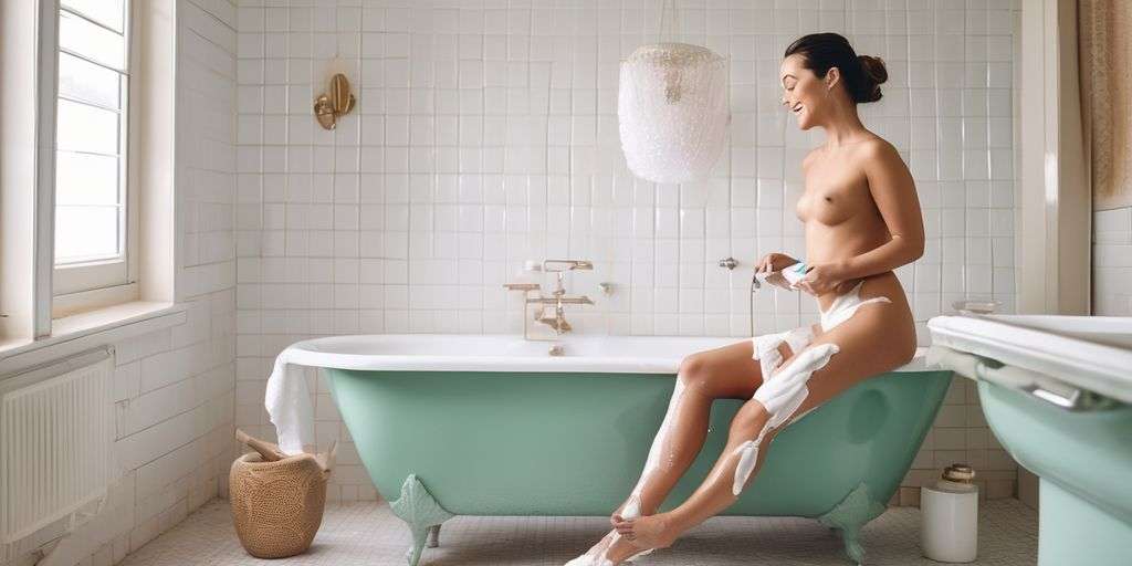 woman shaving legs in a bright bathroom