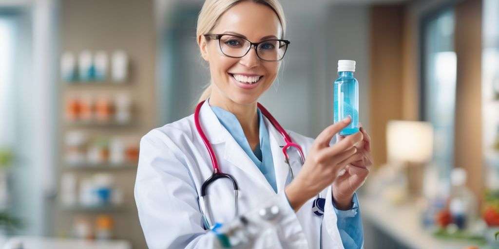 medical professional holding a vial of medication with a background of healthy lifestyle elements