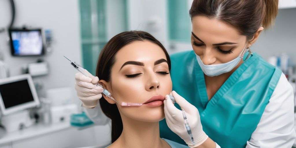 woman receiving lip filler treatment in a clinic