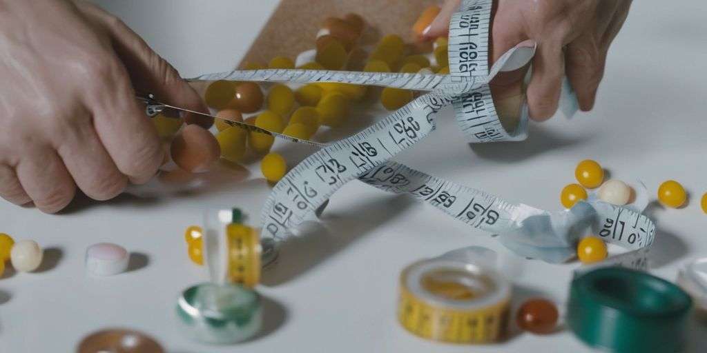 person measuring waist with tape measure and holding medication