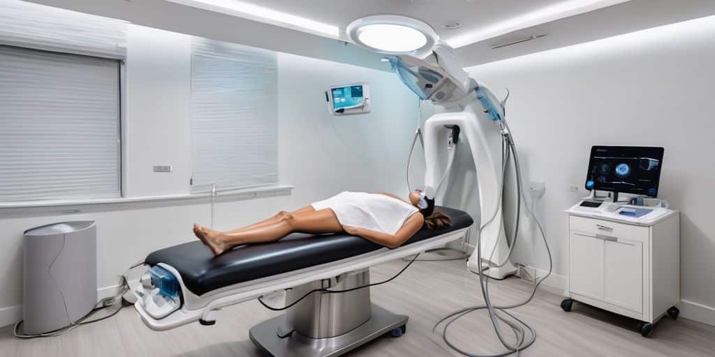 person undergoing EmSculpt treatment in a modern clinic